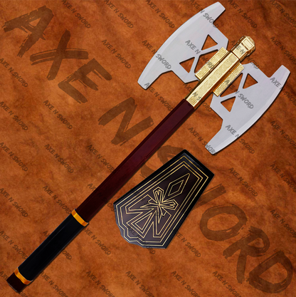 Gimli's Double Axe (Golden) with stand & sheath from The Lord of The Rings