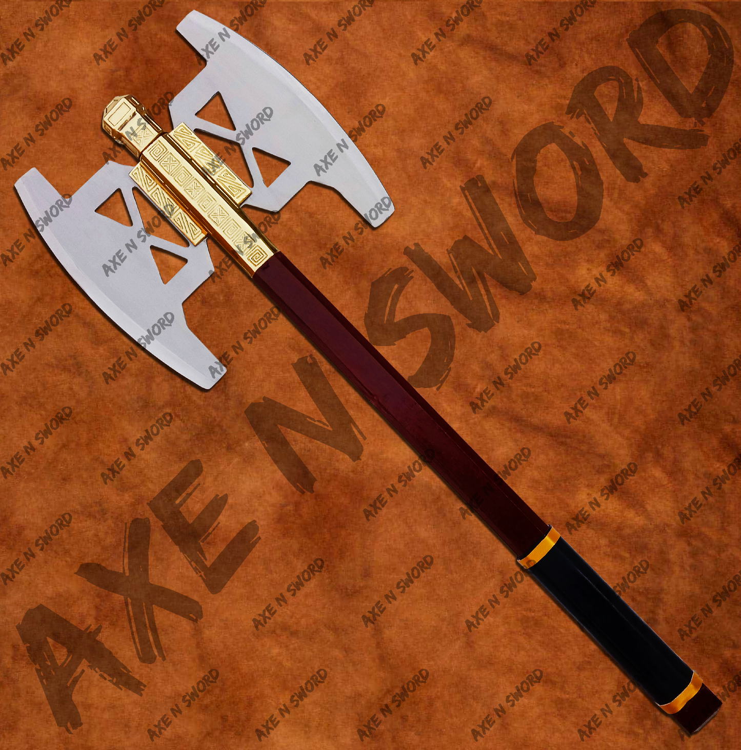 Gimli's Double Axe (Golden) with stand & sheath from The Lord of The Rings